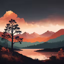 there is a tree on the hill and water in the background,a painting of mountains, a lake and trees