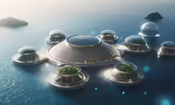 an alien like city is surrounded by lots of bubbles and grass