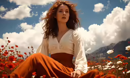 woman in white shirt and brown pants in flowers