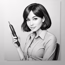 a woman in shirt holding something in a hand