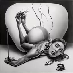 drawing of a woman in black and white with an object in the foreground