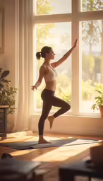 a woman in a yoga pose by a large window
