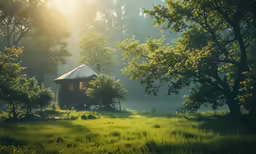 a cabin with trees in a field near a forest