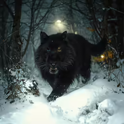 a black cat walking through the snow
