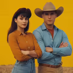 two people standing in front of a yellow building