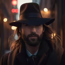the man with a beard and long hair is wearing a black hat