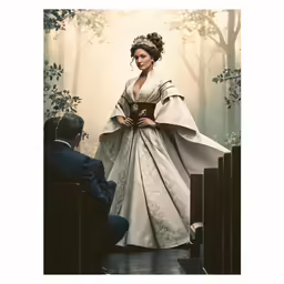 a photo in color, of a young girl in a medieval dress