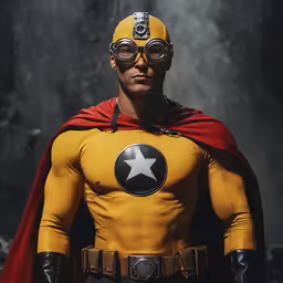 a man in a superhero costume standing in front of an old building