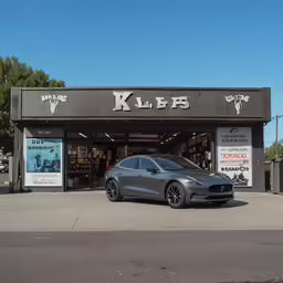 a black and silver car parked outside of a kleeness store