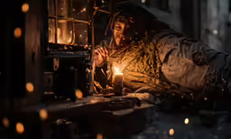 the man is holding a candle on his hand