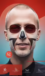 a man wearing red eye glasses with a black nose and a red circle behind his head