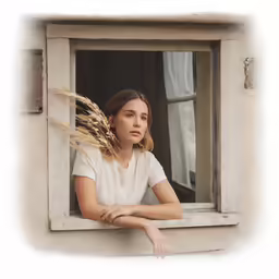 a girl sits in the window looking out the window