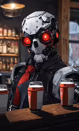 a digital painting of a robot with red glowing eyes