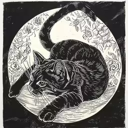 a cat on a moon in black and white,an ink drawing of a cat on a full moon
