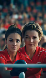two female tennis players look over the top of a fence