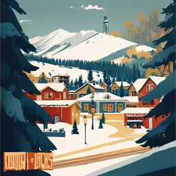 the town is covered in snow and surrounded by trees