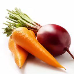 carrots, beets and onion on white background