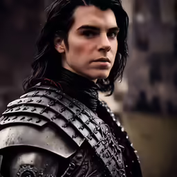 the young man is dressed in armor