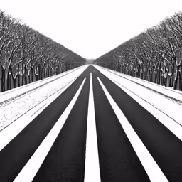 black and white image of a road lined with trees