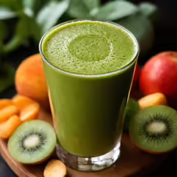 a green juice smoothie sits next to some fruits