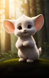small cartoon white kitten with large eyes sitting on mossy field in front of dark, forest background