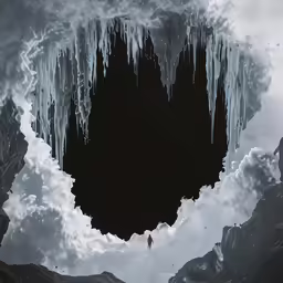 an ice cave with icicles hanging from the roof