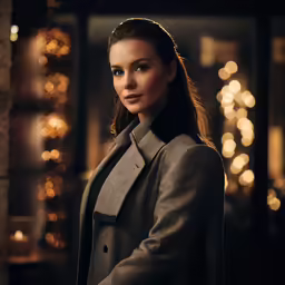 a woman in an office suit standing in front of lights