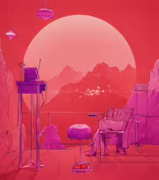 a purple and pink poster with two people and a chair,the sun is setting on a red landscape with various objects