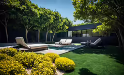 there are outdoor chairs and a pool by some grass