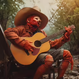a man in costume is playing the guitar