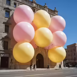 a large number of balloons float in the air over the street