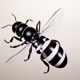 a striped insect flying in the sky on a white background