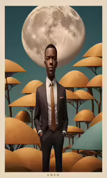 a man in a suit stands in front of the moon, with the background of trees and foliage