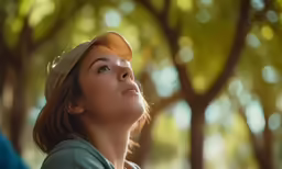 a young lady in the park stares up at the tree