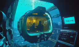 a helicopter view inside a futuristic sci - fi submarine cockpit