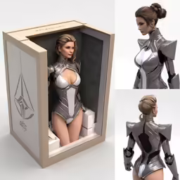 a woman dressed in a body suit standing next to an open box