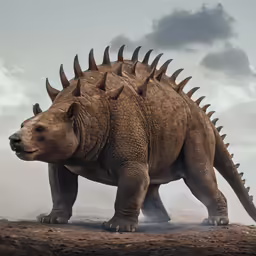 an animal with many sharp teeth is walking on a dirt field