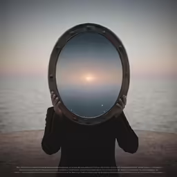 person in black shirt looking through a mirror with sky and stars