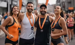 three people wearing medals standing side by side