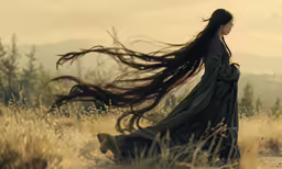 the woman is in the long black dress