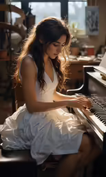 young woman sitting at piano looking down at keys