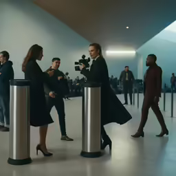 group of people behind metal posts in an area