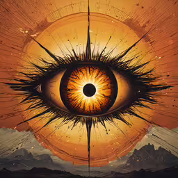 an eye painted in orange with mountains and sky,an eye designed like a spiral surrounded by mountains