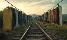 some clothes hanging on the tracks, next to some rails
