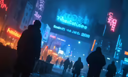 silhouettes in a night - time city with neon signs