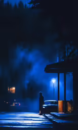 a car sits parked at an empty gas station at night with a person walking in the street