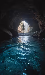 a man riding a horse out of a small tunnel into a river