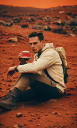 man sitting on a red dirt field eating something