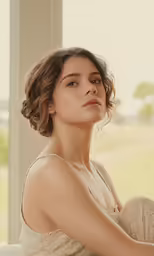a woman is sitting down and posing for the camera