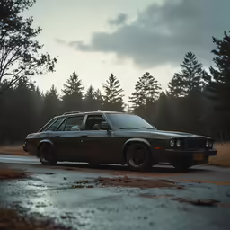 an automobile sits parked along side the road